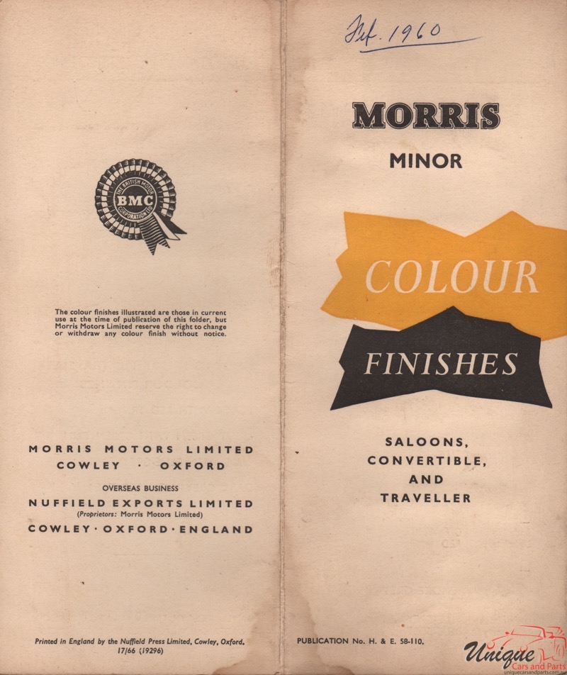 1960 Morris Minor 1000 Corporate Paint Charts 2